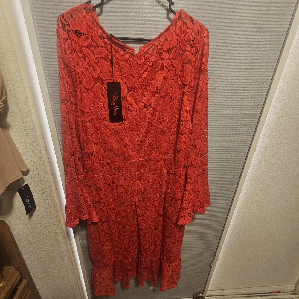 Red Lace Midi Dress with Long Sleeves